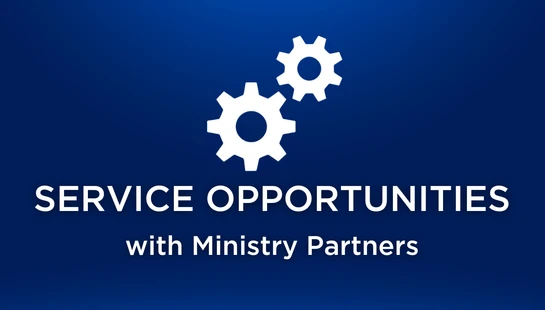 A dark blue banner with a white icon of two interlocking gears. Below is the text 'Service Opportunities with Ministry Partners'.